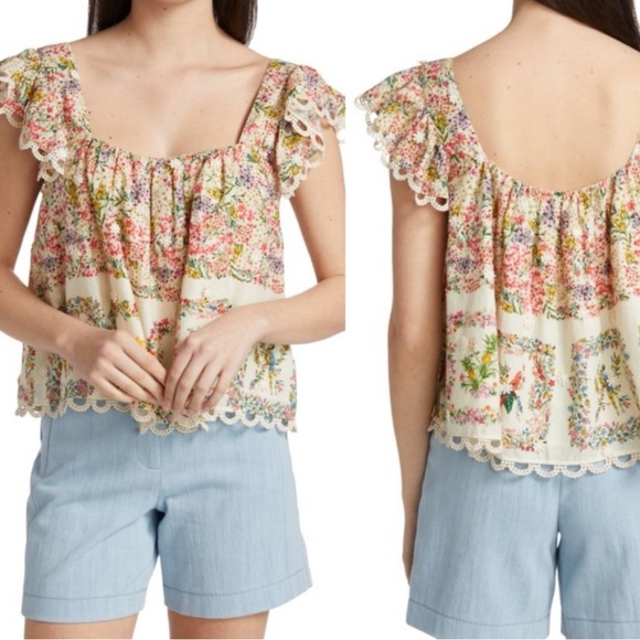 FARM Rio Tops - FARM Rio Delicate Forest Scarves Square Neck Embroidered Blouse, Small